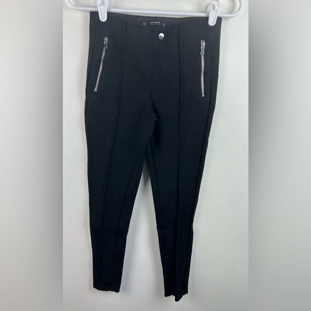 Zara Basic Collection Black Straight Leg Cropped Pants Zipper Detail Size Small